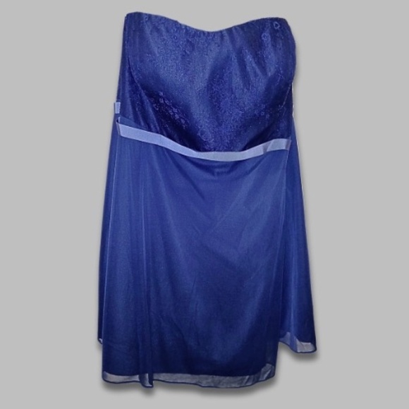 David’s Bridal Mini Dress Strapless Empire Waist Lace Satin Marine Blue W 26 NWT - Picture 1 of 4